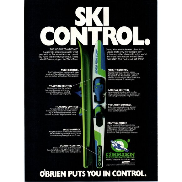 1981 O'Brien Slalom Water Skis Ski Control Vintage Print Ad World Team Wall Art - Picture 1 of 1